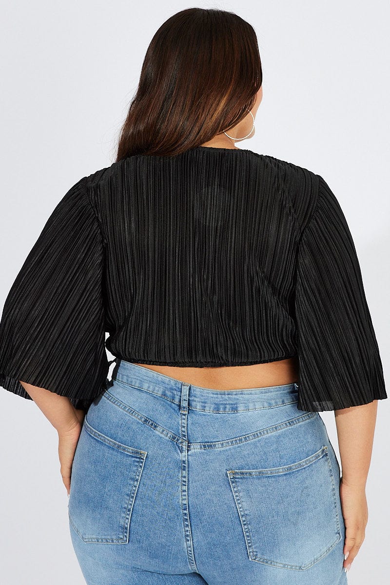 Black Plisse Satin Flare Sleeve Tie Bolero Top - Image 5