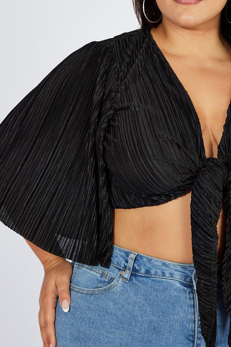 Black Plisse Satin Flare Sleeve Tie Bolero Top - Image 6