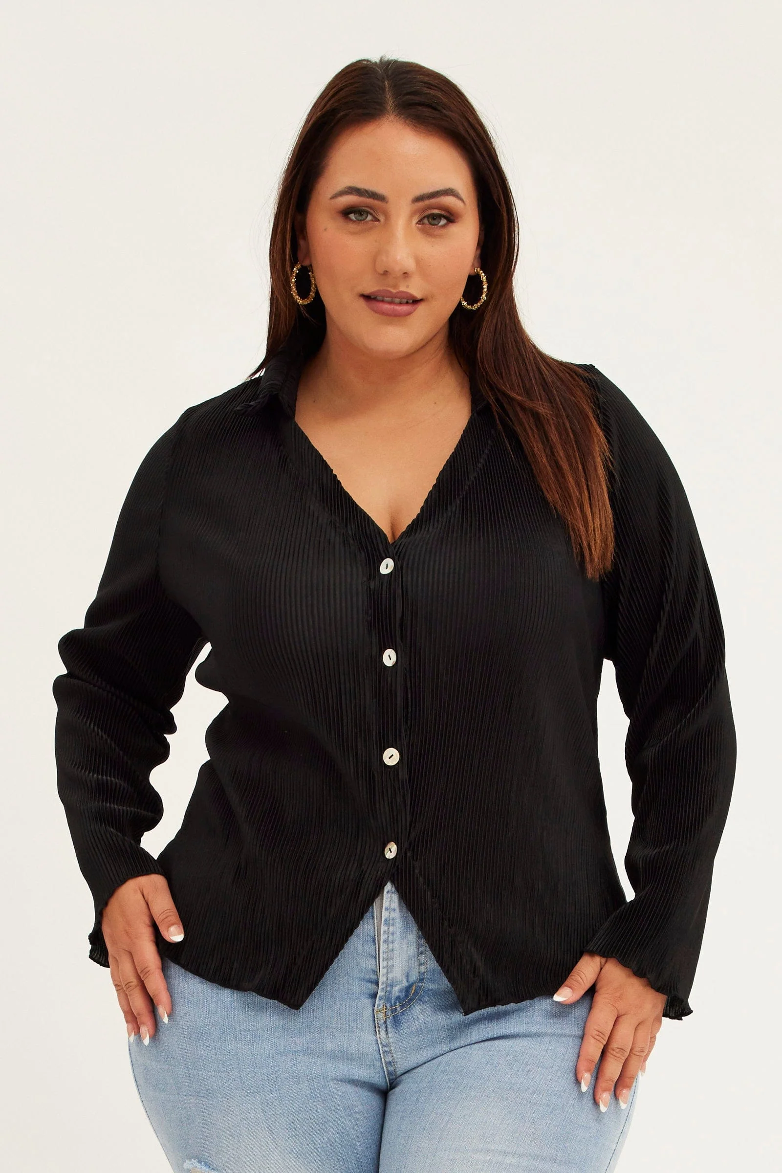Black Plisse Shirt Long Sleeve V-neck Button Up