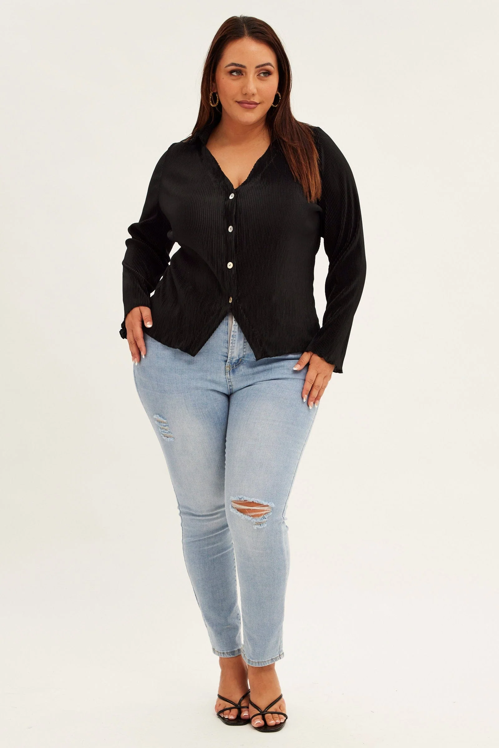 Black Plisse Shirt Long Sleeve V-neck Button Up - Image 2