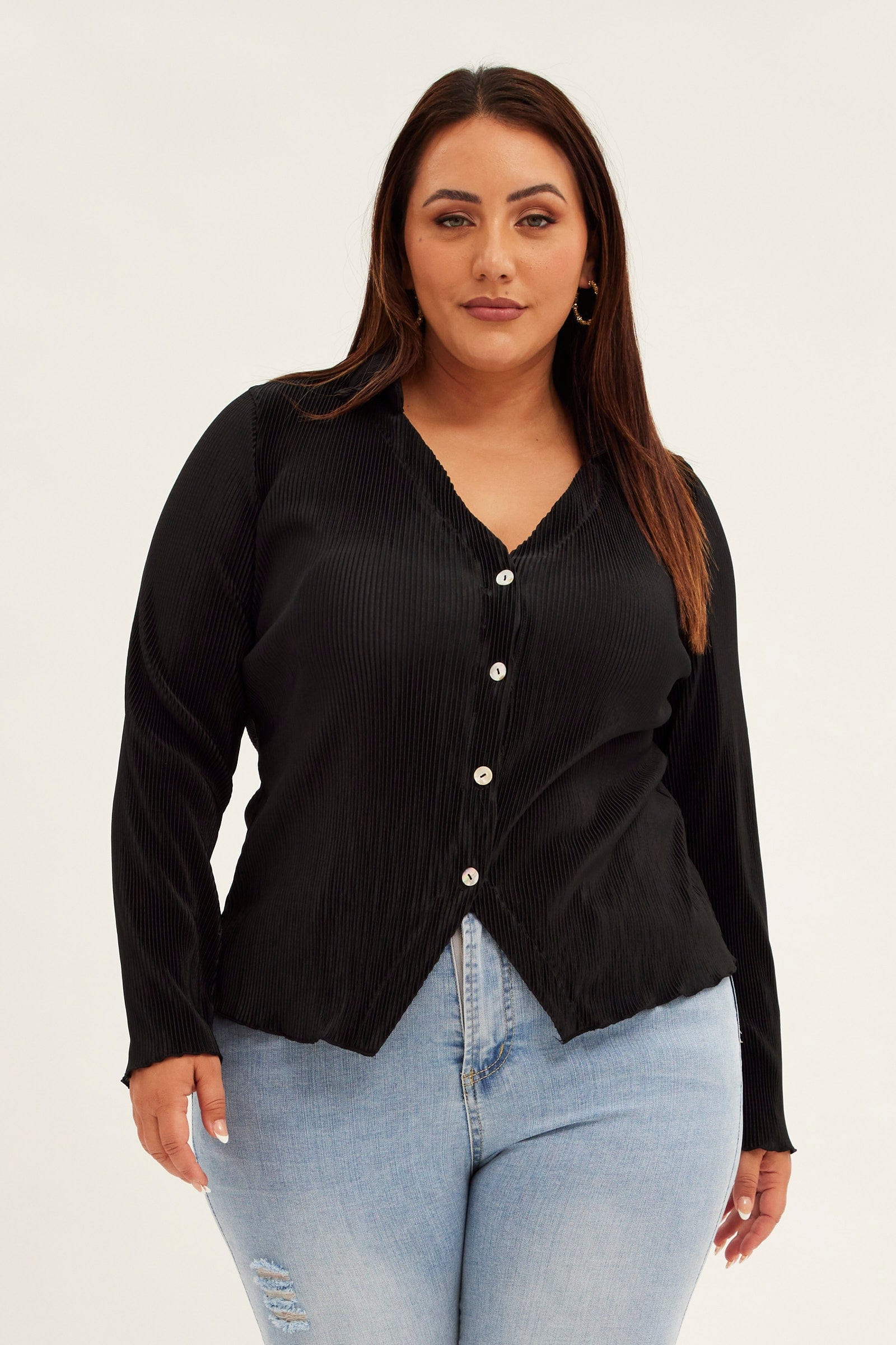 Black Plisse Shirt Long Sleeve V-neck Button Up - Image 3