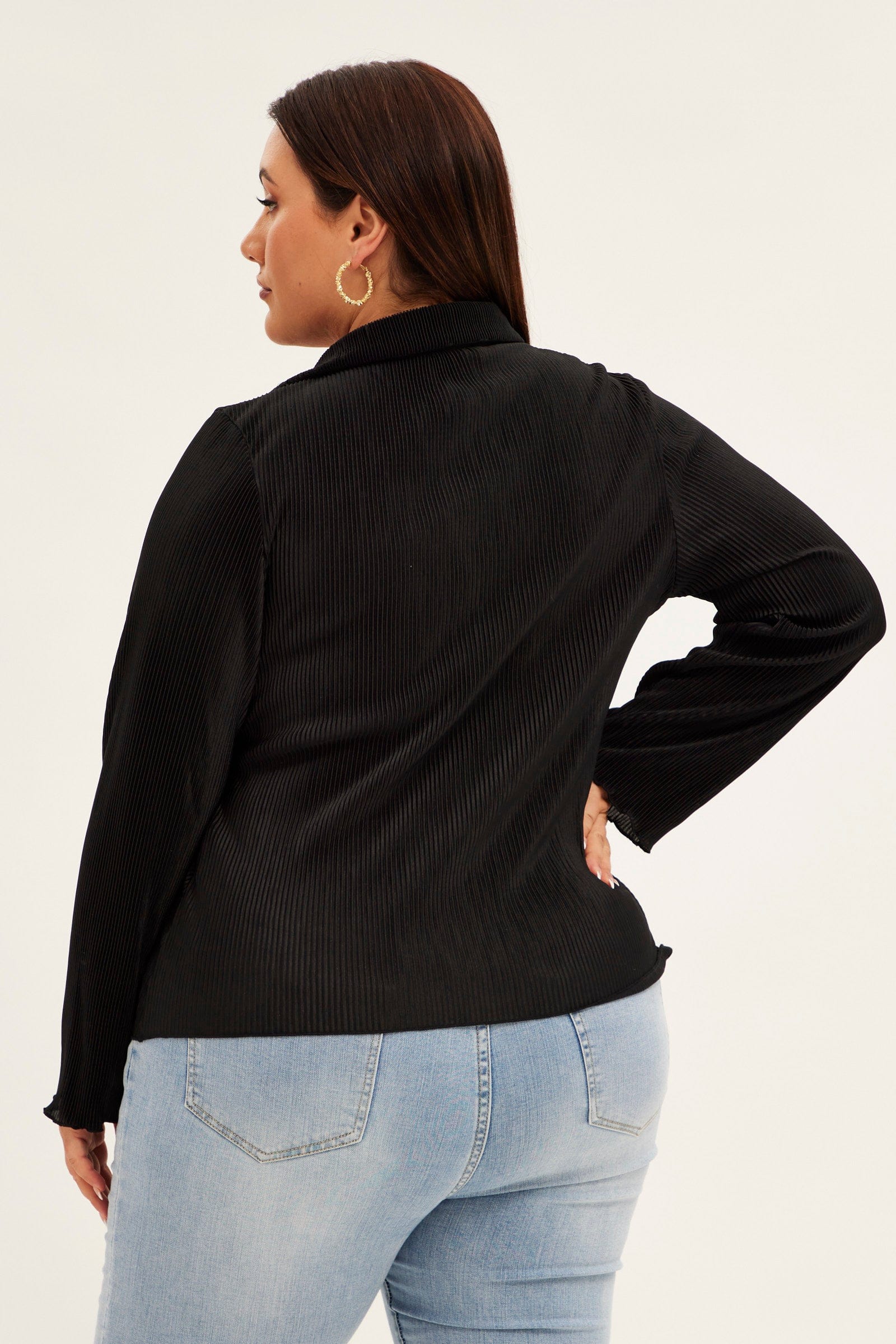 Black Plisse Shirt Long Sleeve V-neck Button Up - Image 5