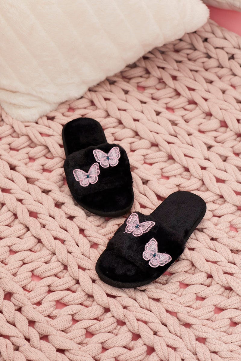 Black Plus 3D Butterfly Faux Fur Slider Slippers - Image 2