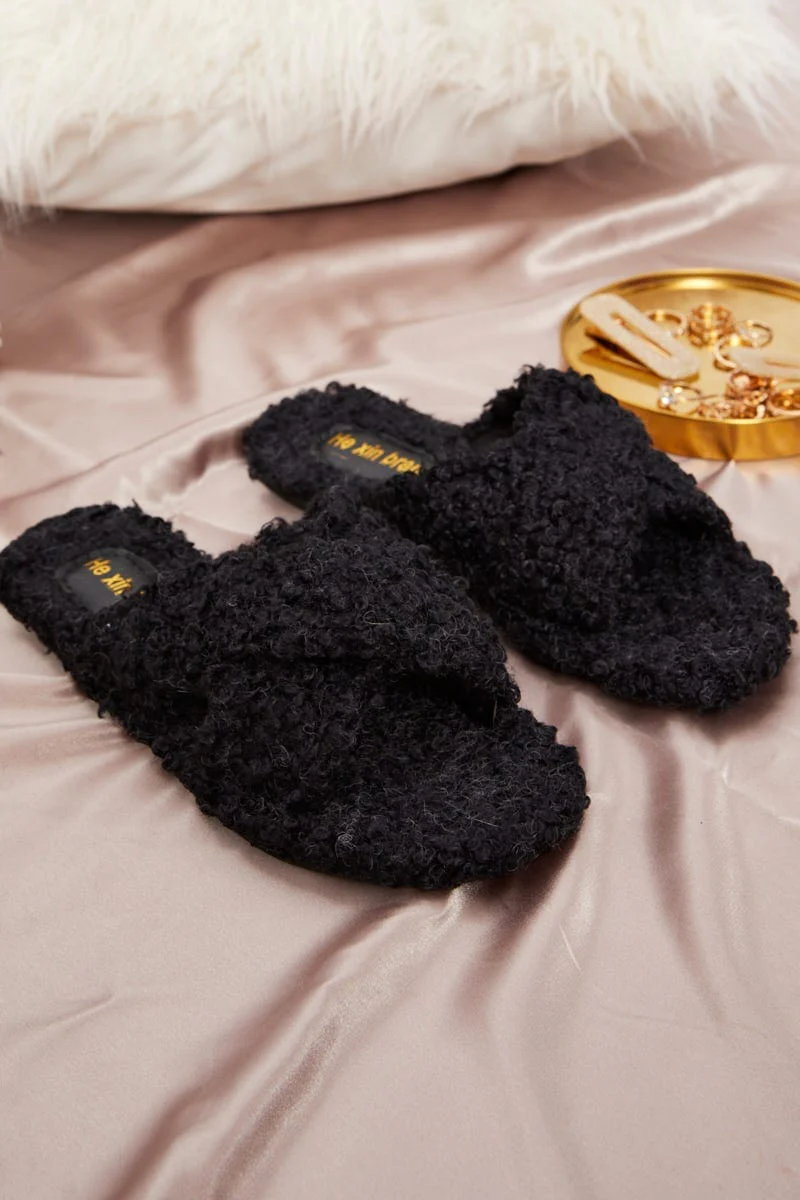 Black Plus Borg Fluffy Teddy Crossover Slider Slippers - Image 2