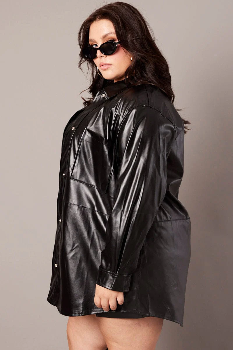 Black Pocket Faux Leather Longline Shacket - Image 4