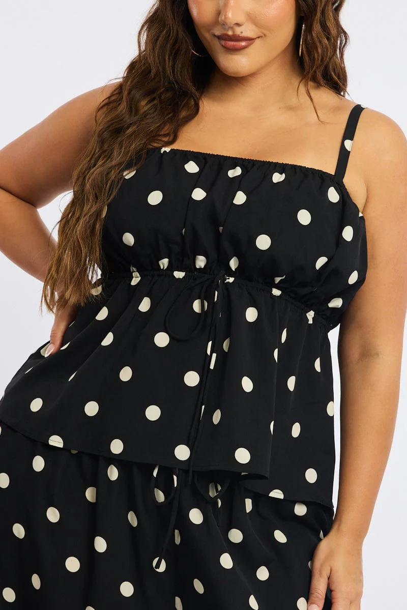 Black Polka Dot Cami Top Sleeveless Ruched Bust - Image 5