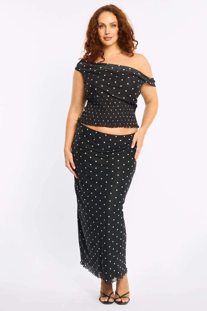 Black Polka Dot Maxi Skirt Mesh