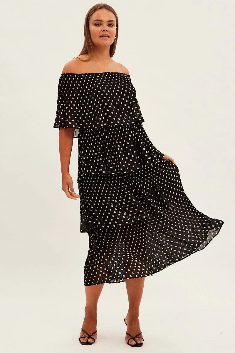 Black Polka Dot Midi Dress Off Shoulder Pleated - Image 3