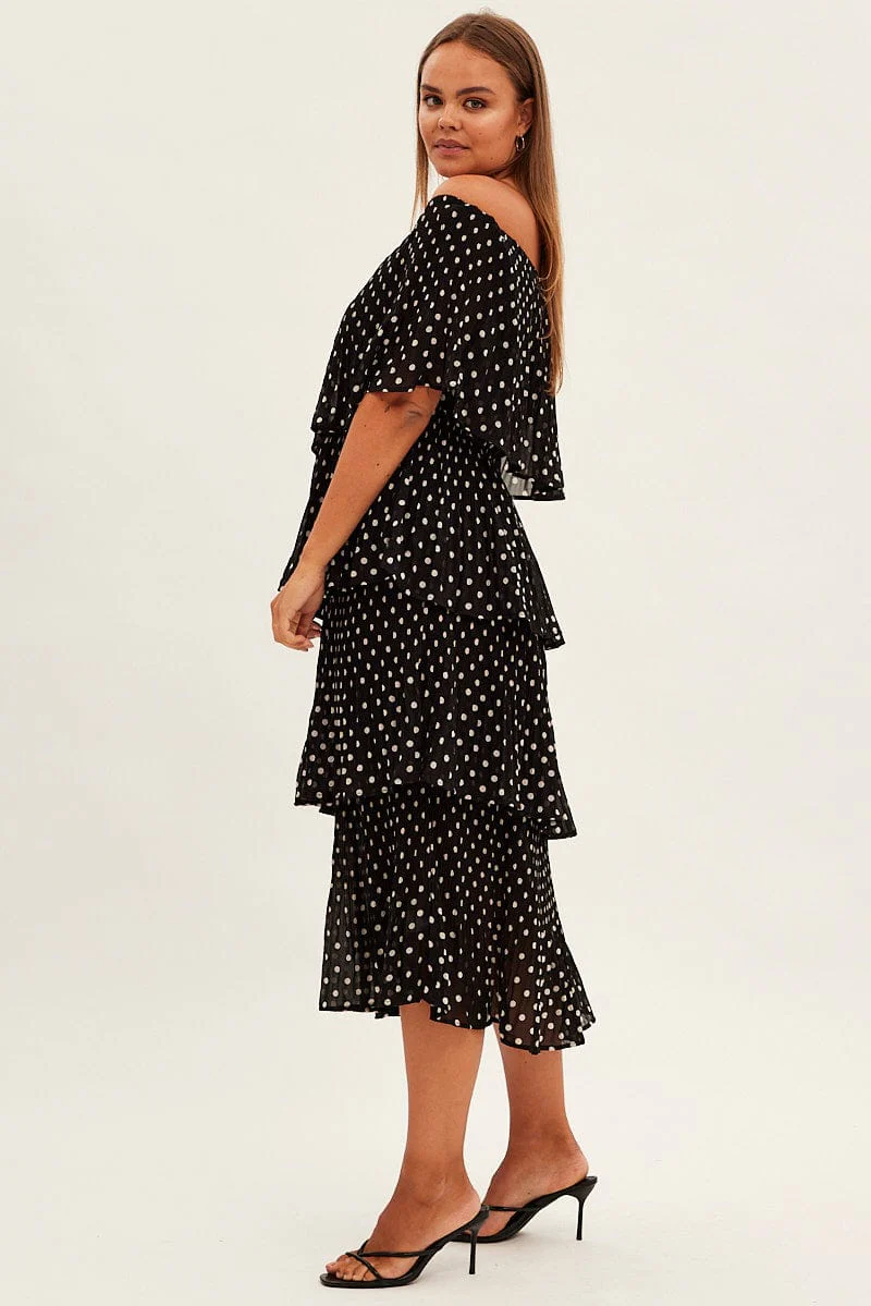 Black Polka Dot Midi Dress Off Shoulder Pleated - Image 4