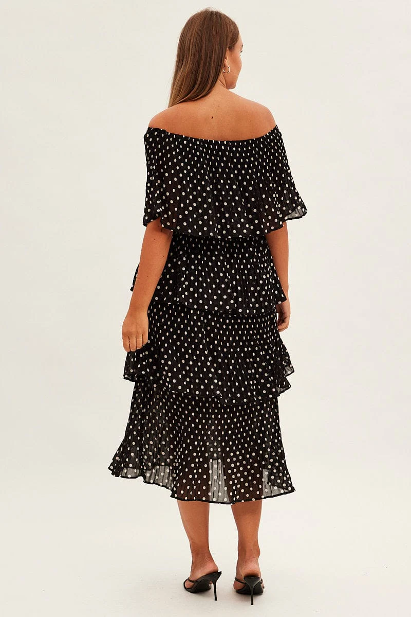 Black Polka Dot Midi Dress Off Shoulder Pleated - Image 5