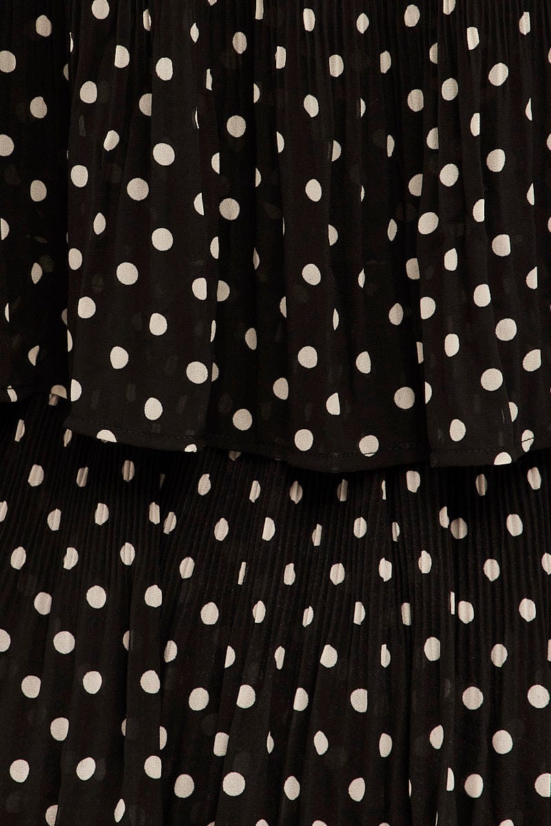 Black Polka Dot Midi Dress Off Shoulder Pleated - Image 6