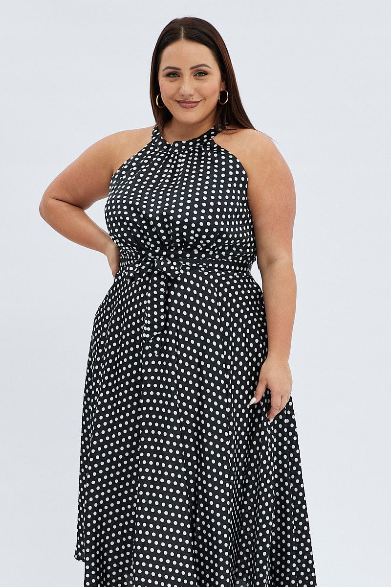 Black Polka Dot Midi Dress Sleeveless High Neck Satin - Image 2