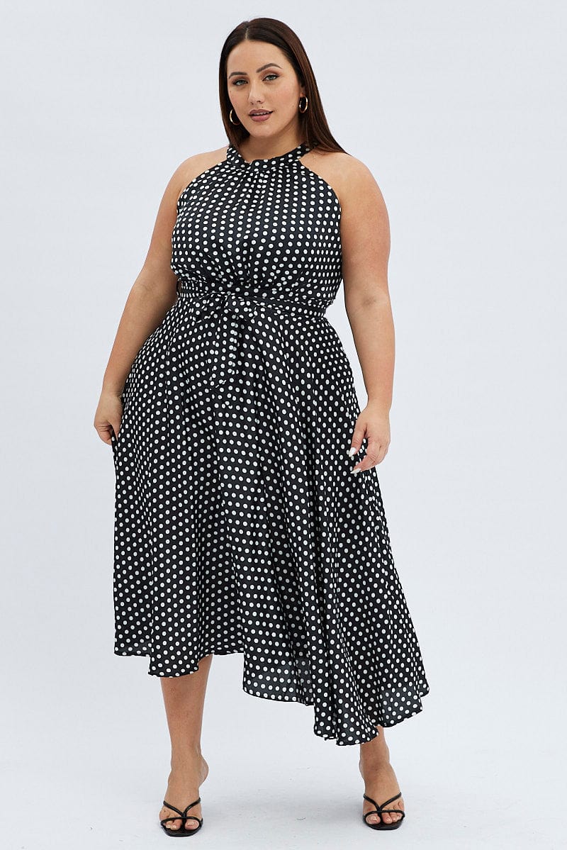 Black Polka Dot Midi Dress Sleeveless High Neck Satin - Image 3