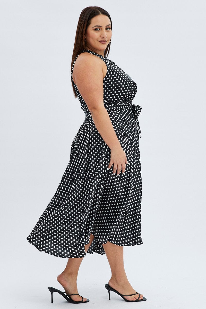 Black Polka Dot Midi Dress Sleeveless High Neck Satin - Image 4