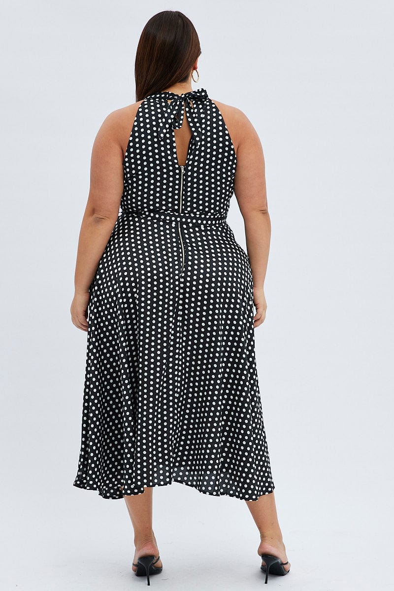 Black Polka Dot Midi Dress Sleeveless High Neck Satin - Image 5