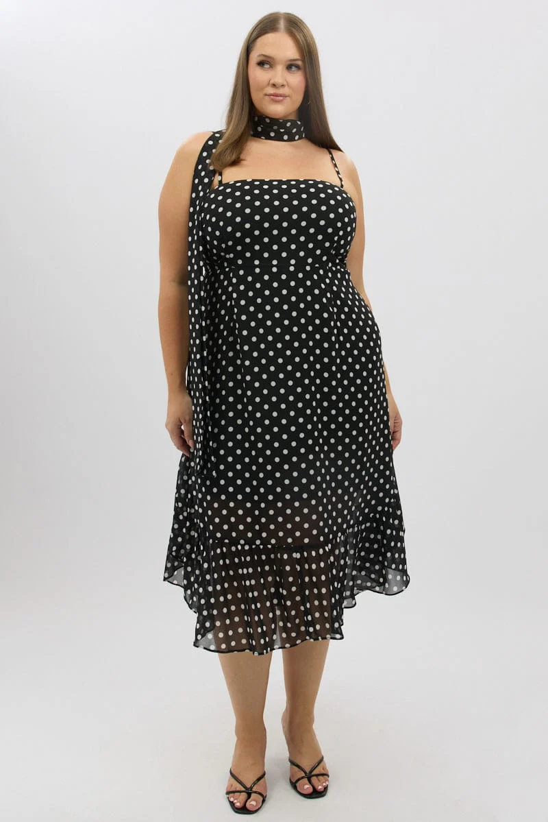 Black Polka Dot Midi Dress Sleeveless Ruffle with Scarf - Image 2