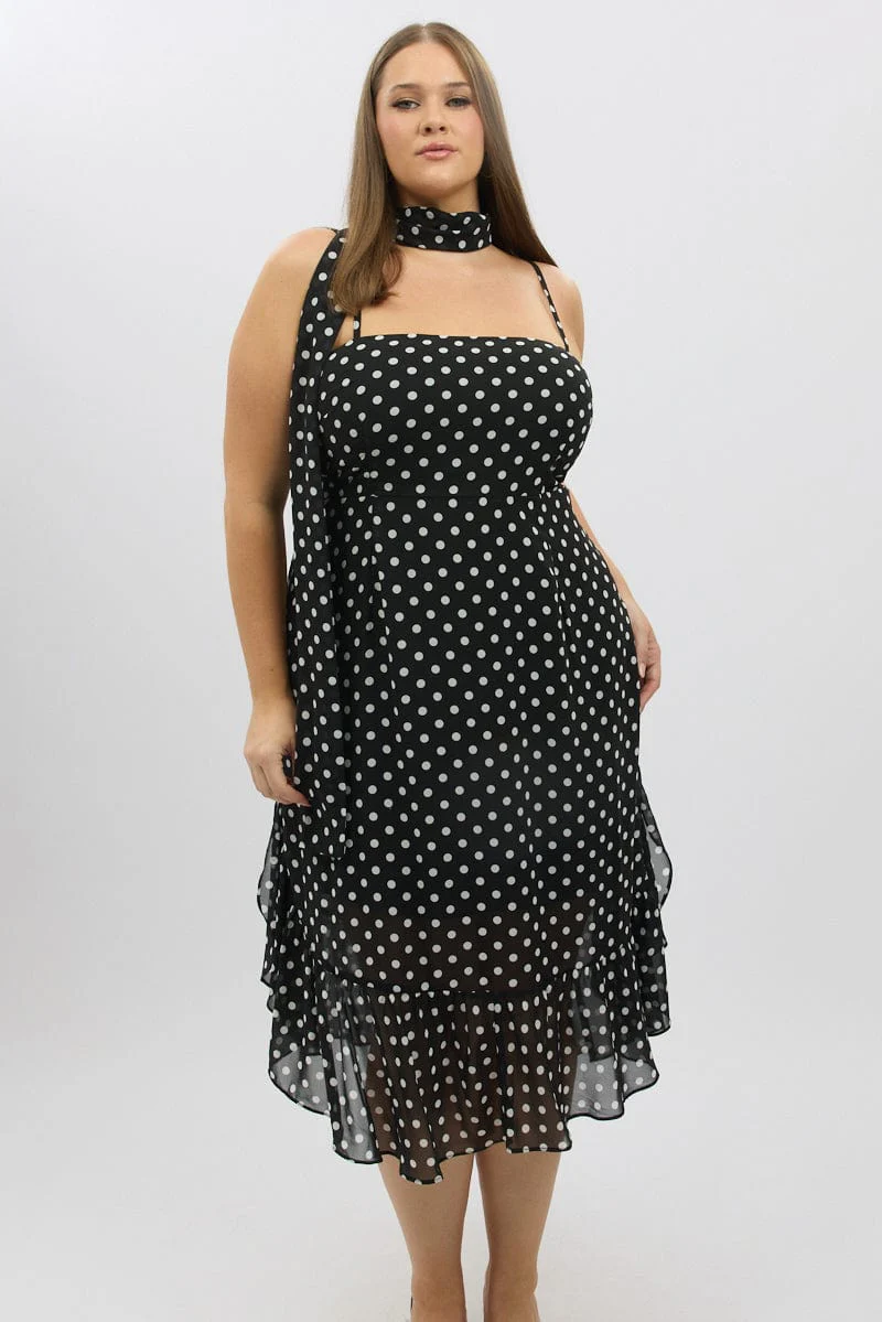Black Polka Dot Midi Dress Sleeveless Ruffle with Scarf - Image 3