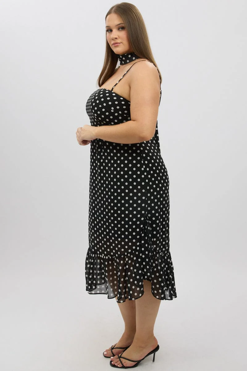 Black Polka Dot Midi Dress Sleeveless Ruffle with Scarf - Image 4