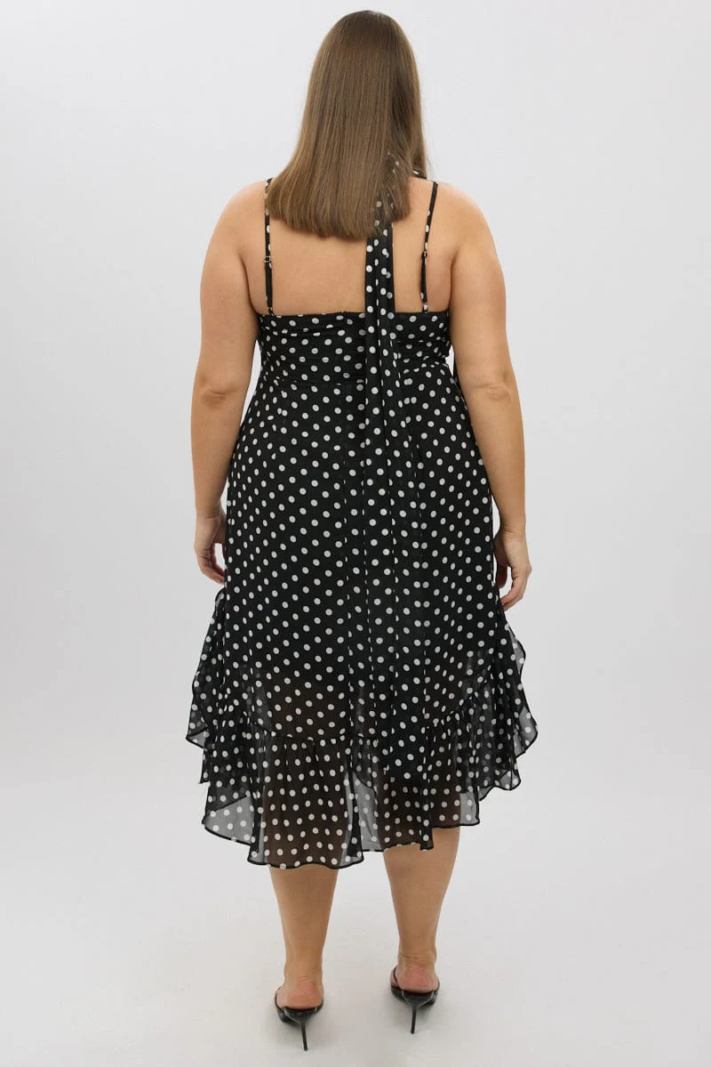 Black Polka Dot Midi Dress Sleeveless Ruffle with Scarf - Image 5