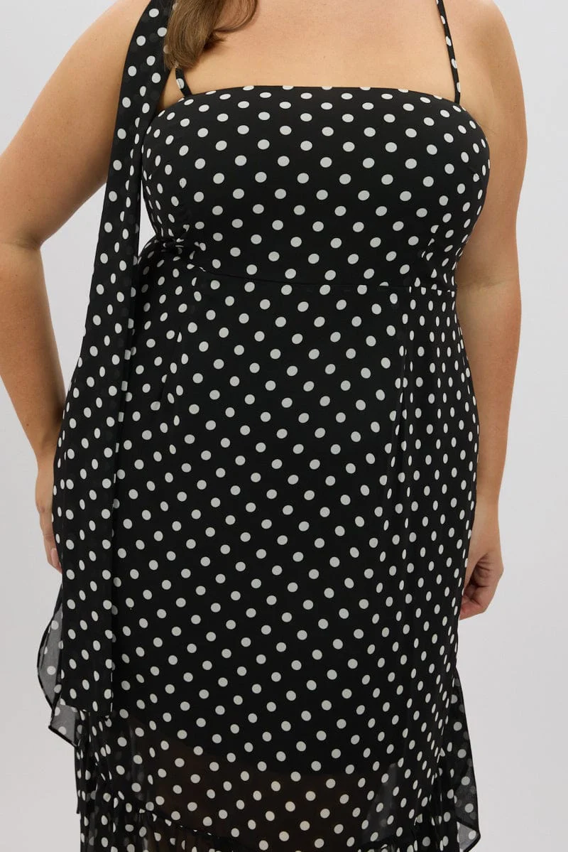 Black Polka Dot Midi Dress Sleeveless Ruffle with Scarf - Image 6