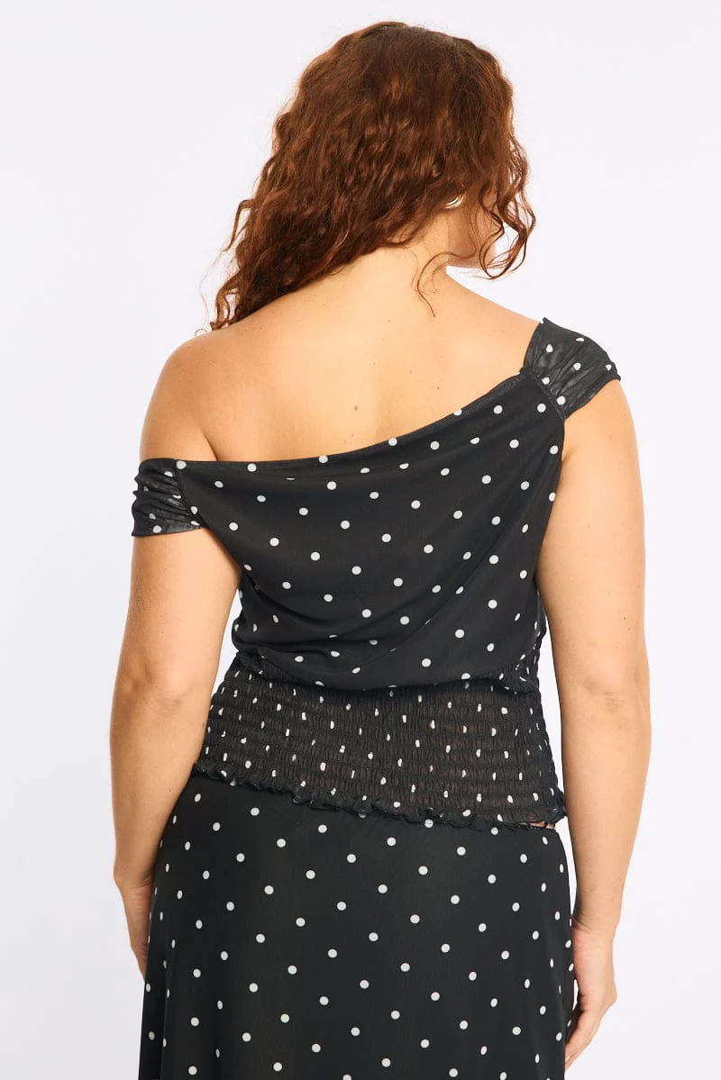 Black Polka Dot Off Shoulder Top Sleeveless Shirred Waist - Image 4