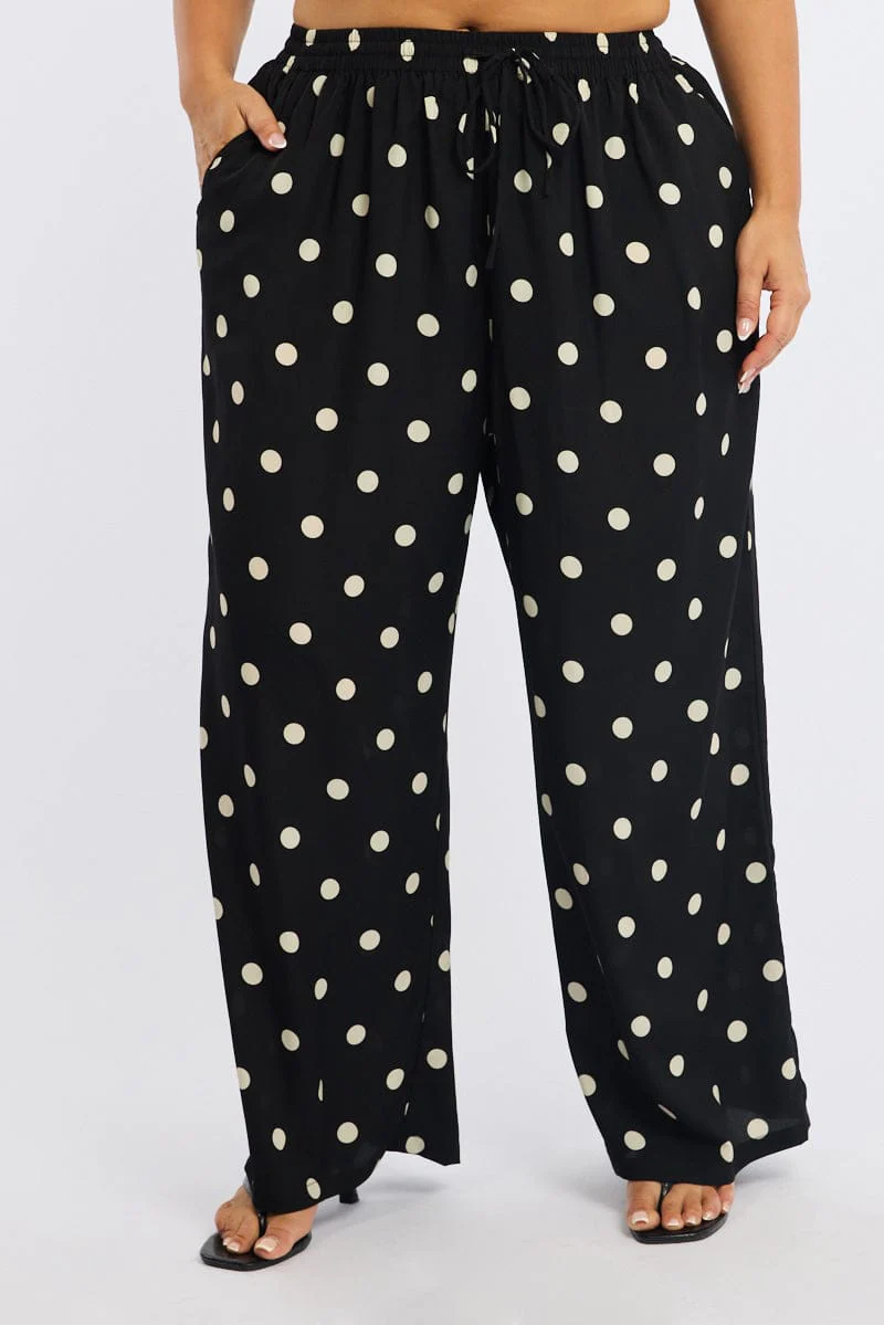 Black Polka Dot Wide Leg Pants Elastic Waist - Image 2
