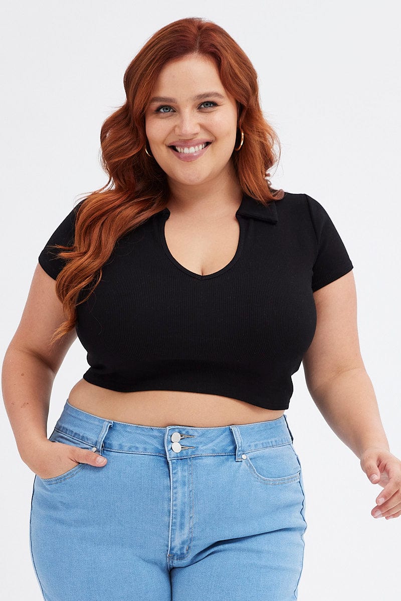 Black Polo Top V-neck Rib Jersey - Image 3