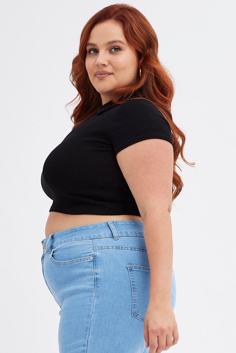 Black Polo Top V-neck Rib Jersey - Image 4