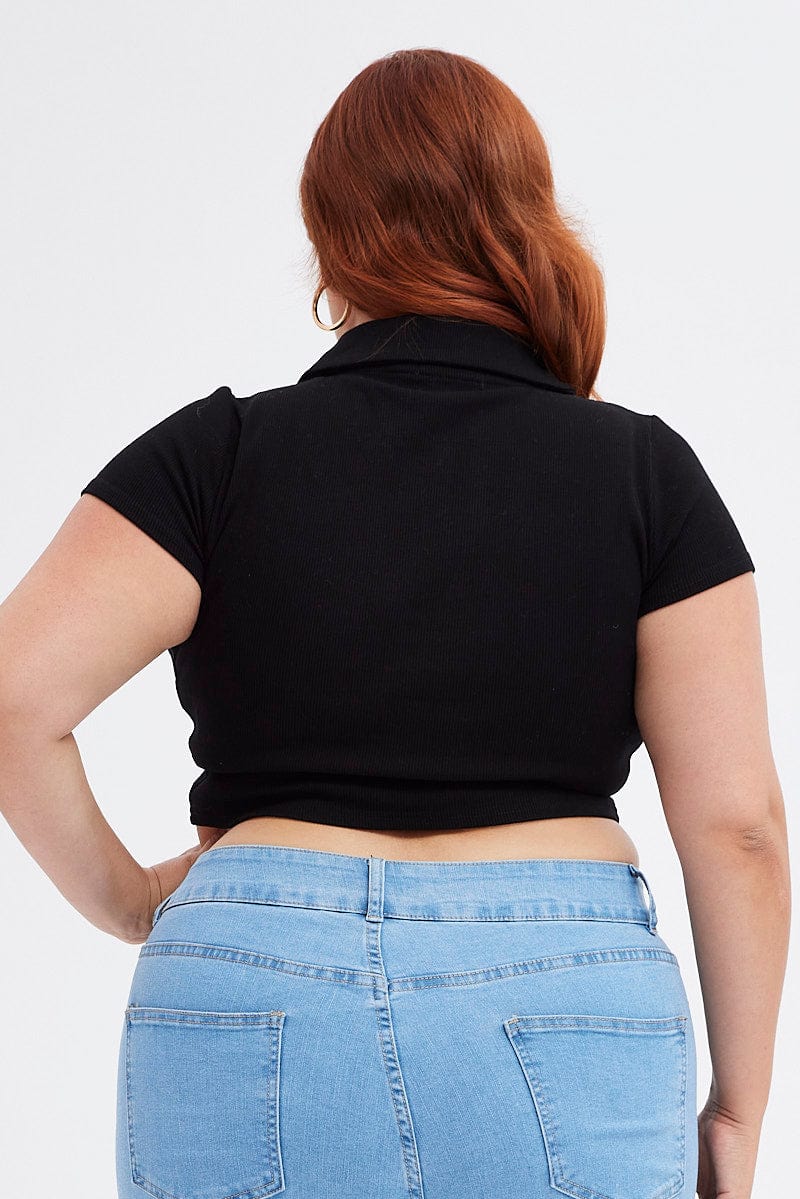Black Polo Top V-neck Rib Jersey - Image 5
