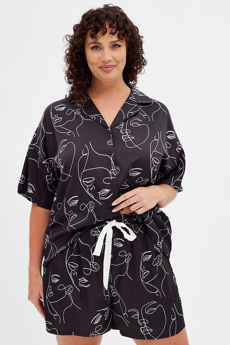 Black Print Button Pyjama Abstract Print Satin Pj Set - Image 3