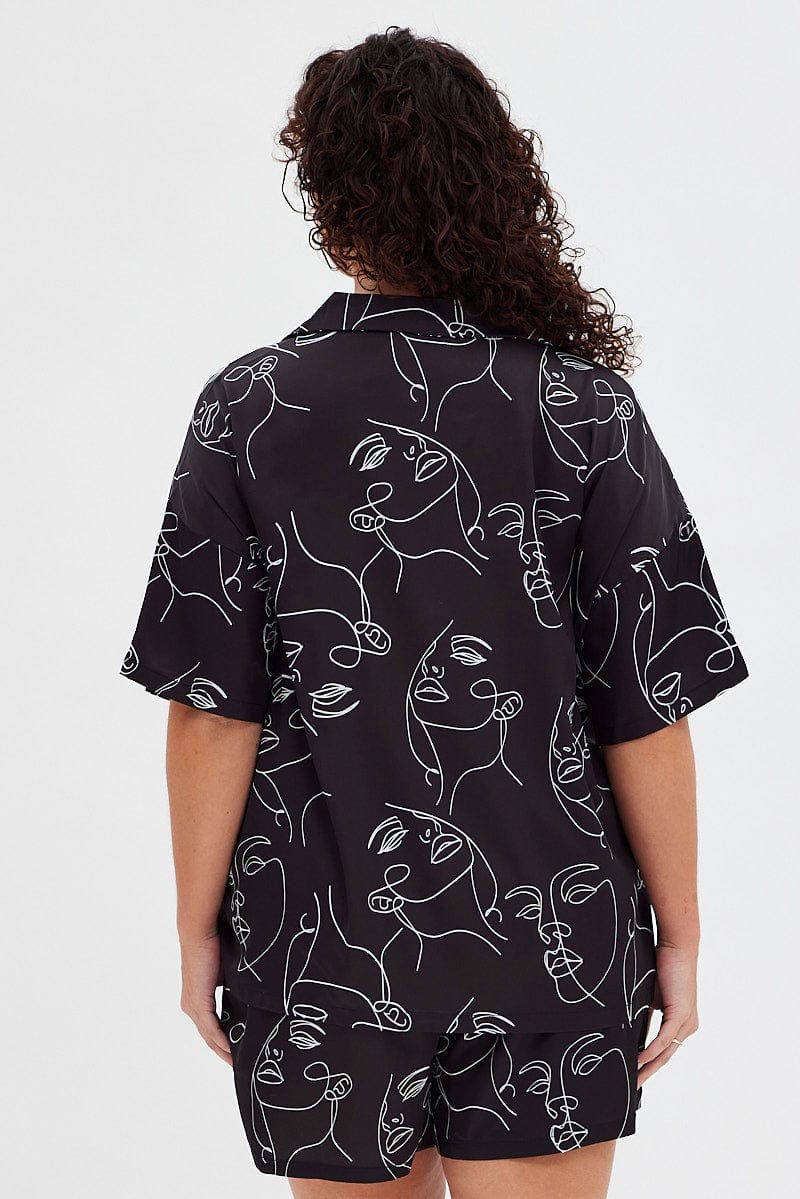 Black Print Button Pyjama Abstract Print Satin Pj Set - Image 5