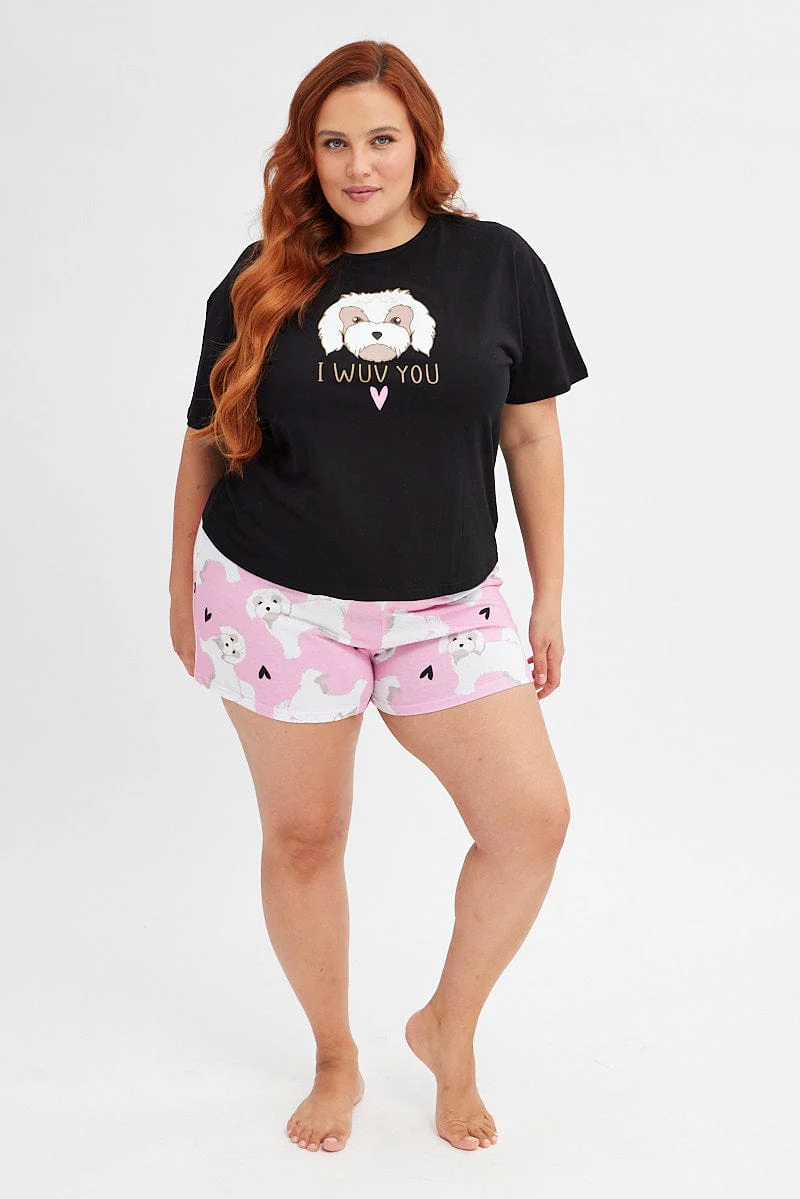 Black Print Graphic Pj Dog And Hearts Jersey Pyjama Set - Image 2