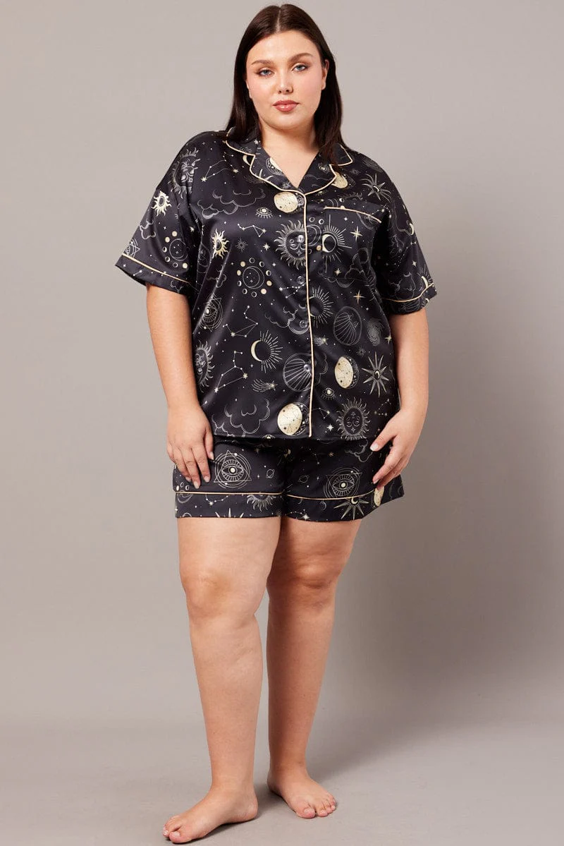 Black Print Pj Set Celestial Satin Contrast Piping Pyjama Set