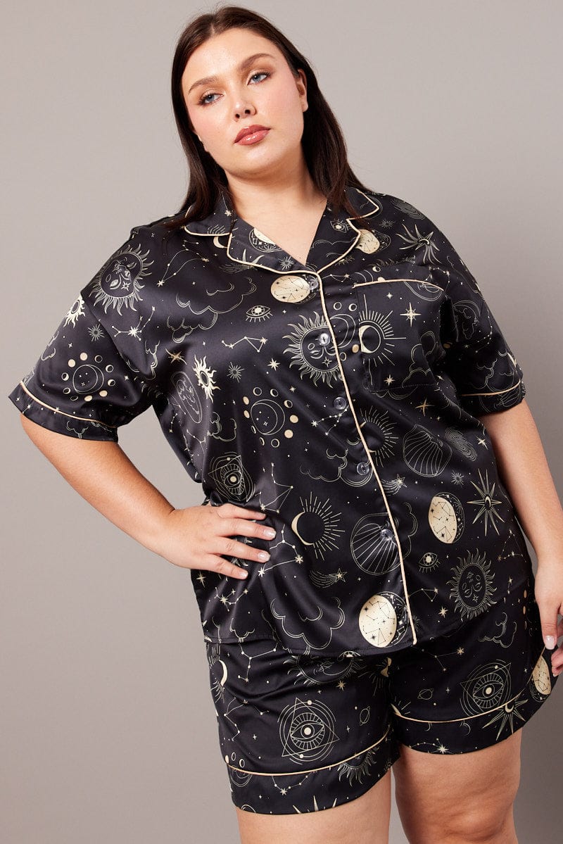 Black Print Pj Set Celestial Satin Contrast Piping Pyjama Set - Image 2