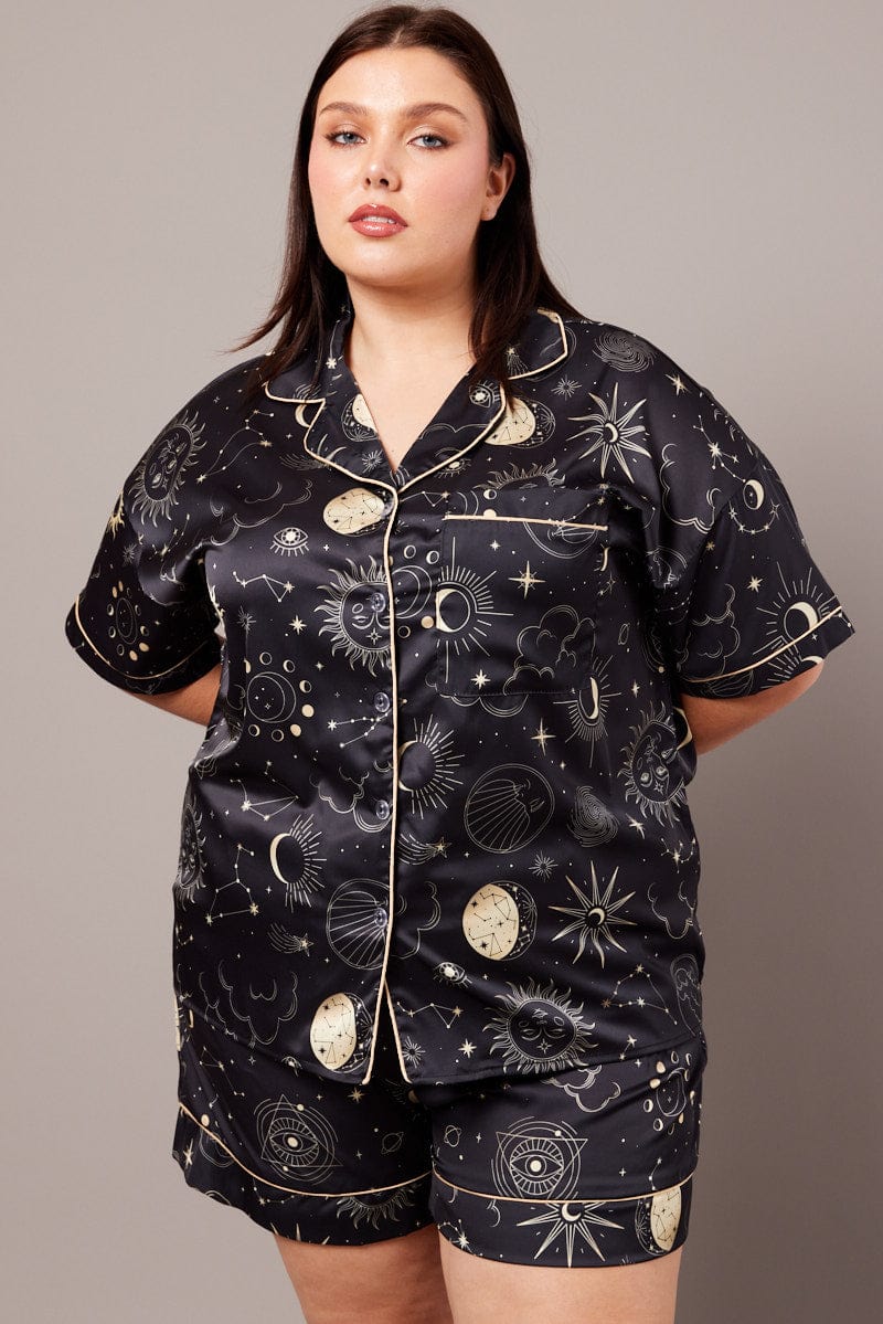 Black Print Pj Set Celestial Satin Contrast Piping Pyjama Set - Image 3