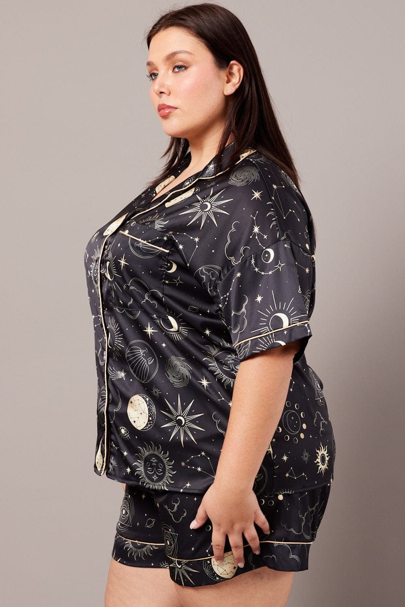 Black Print Pj Set Celestial Satin Contrast Piping Pyjama Set - Image 4