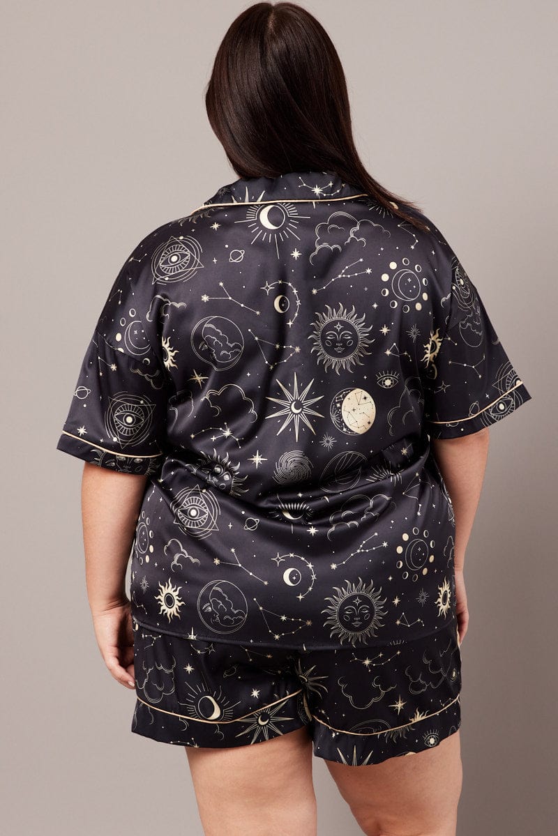 Black Print Pj Set Celestial Satin Contrast Piping Pyjama Set - Image 5
