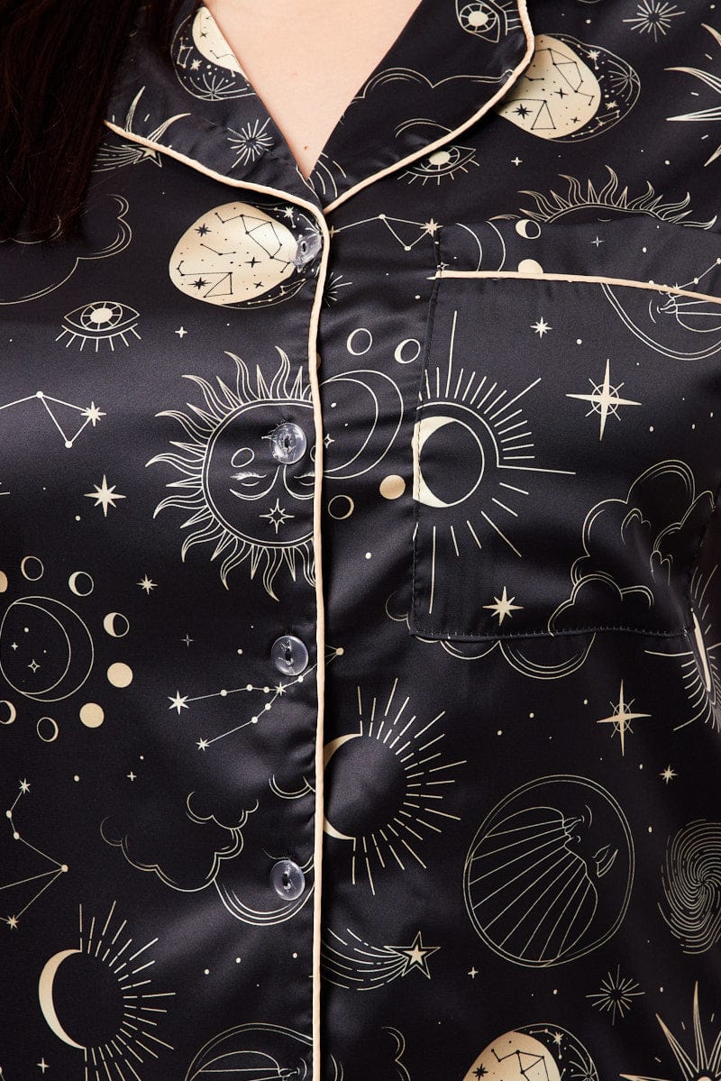 Black Print Pj Set Celestial Satin Contrast Piping Pyjama Set - Image 6