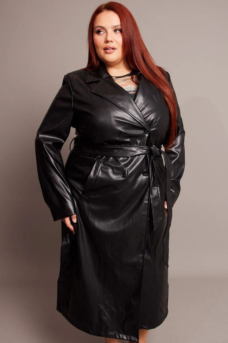 Black Pu Coat With Shoulder Pads - Image 4