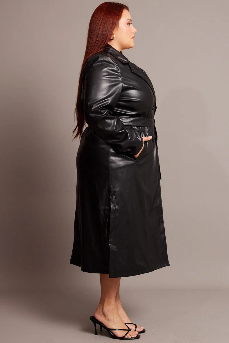 Black Pu Coat With Shoulder Pads - Image 5