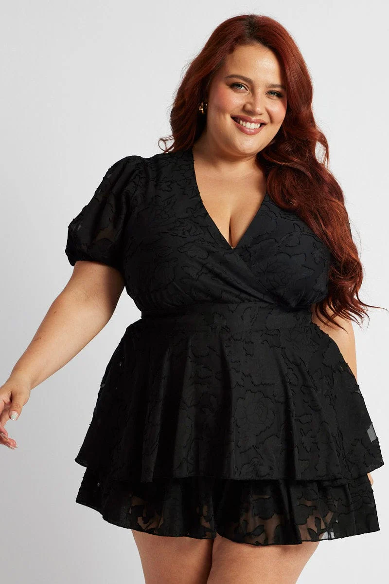 Black Puff Sleeve Jacquard Playsuit Tie Waist - Image 3