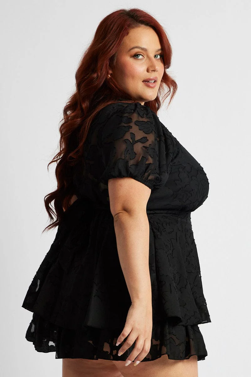Black Puff Sleeve Jacquard Playsuit Tie Waist - Image 4