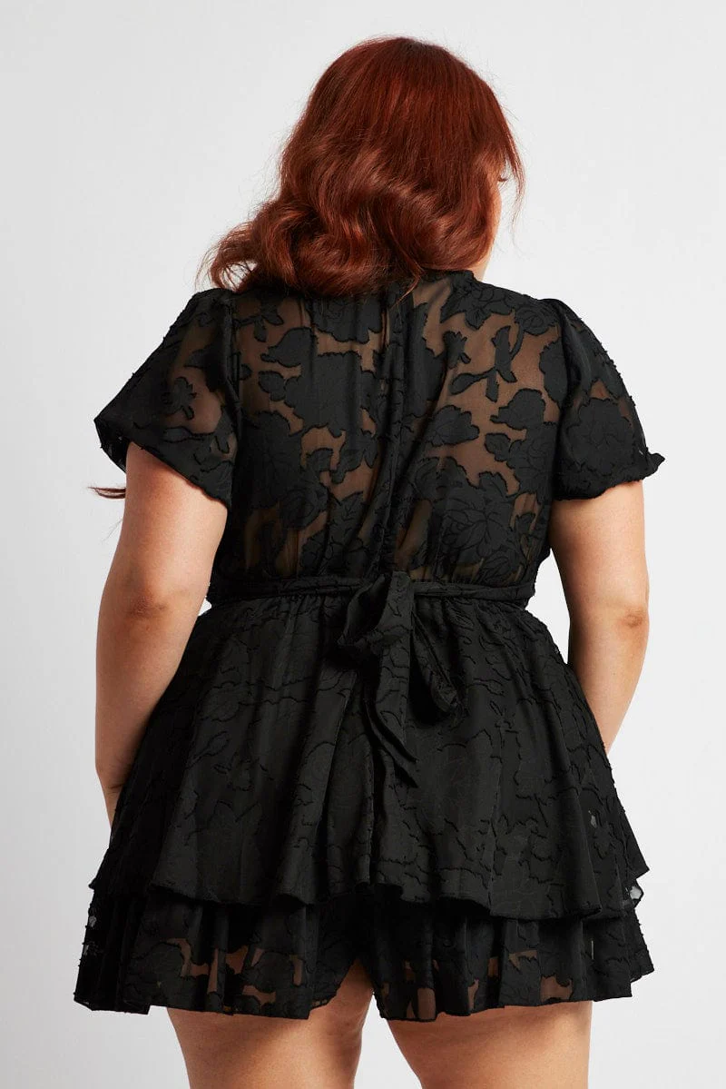 Black Puff Sleeve Jacquard Playsuit Tie Waist - Image 5