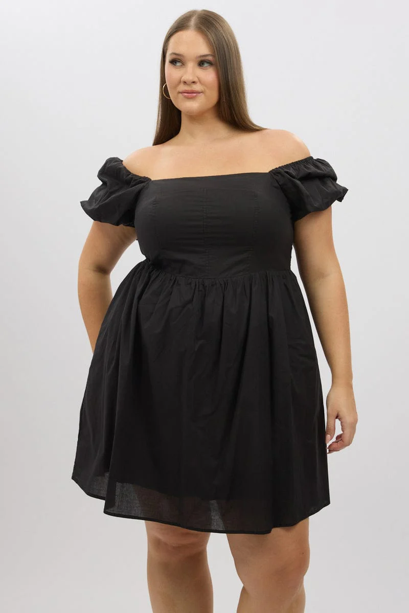 Black Puff Sleeve Off Shoulder Cotton Poplin Minidress