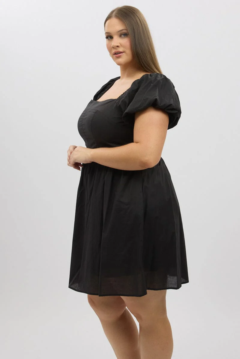 Black Puff Sleeve Off Shoulder Cotton Poplin Minidress - Image 4