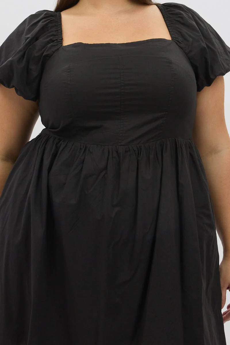 Black Puff Sleeve Off Shoulder Cotton Poplin Minidress - Image 6