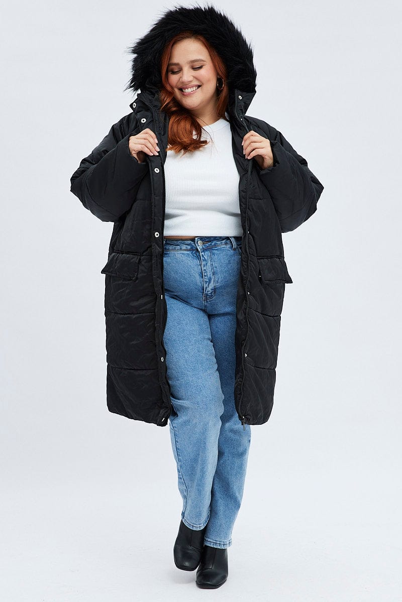 Black Puffer Coat Fur Hood Long Sleeve - Image 2