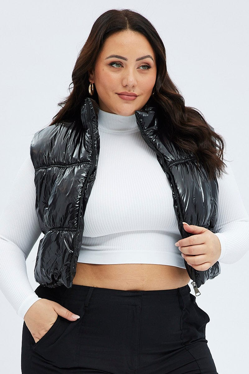 Black Puffer Vest Sleeveless Shiny Crop - Image 3