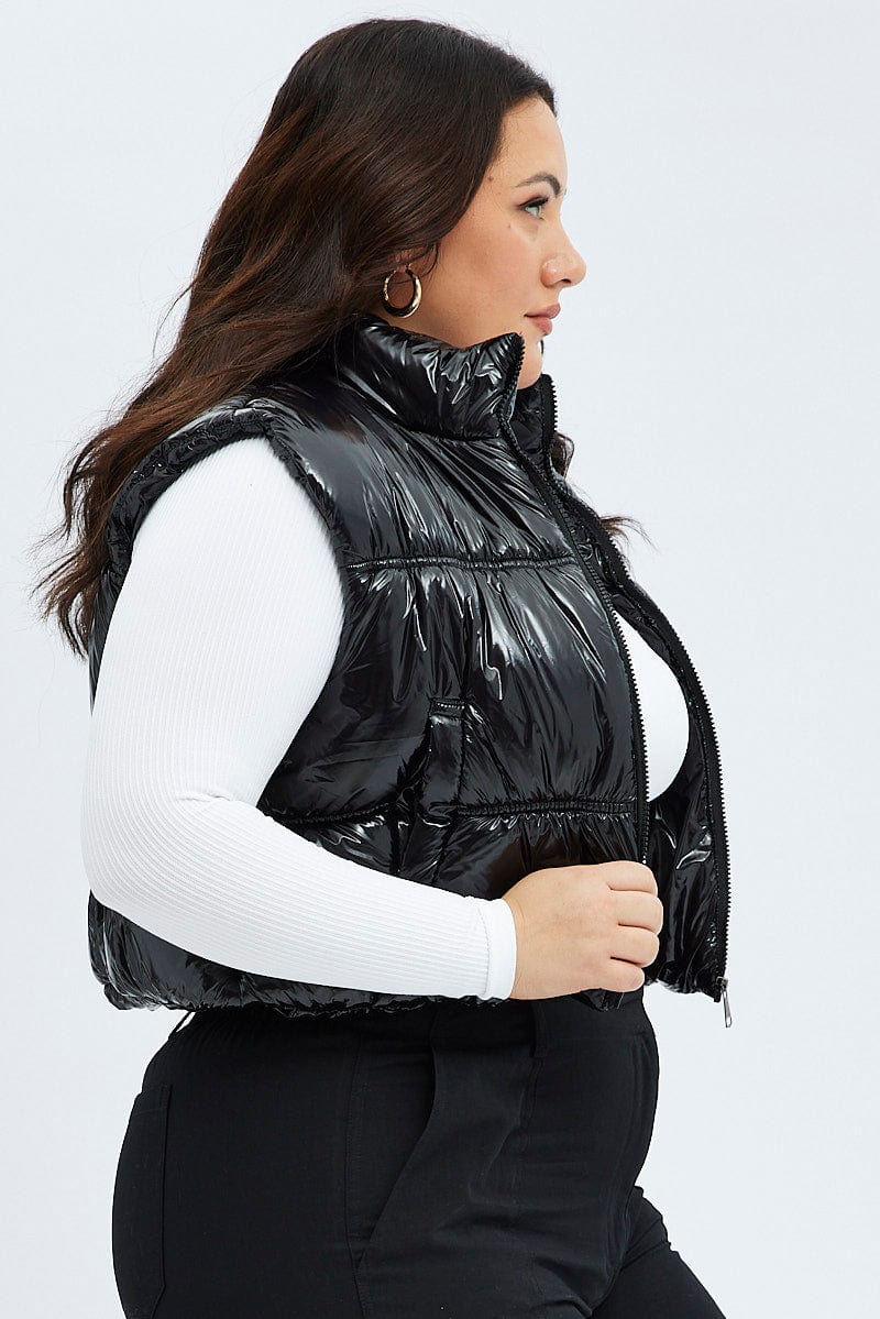 Black Puffer Vest Sleeveless Shiny Crop - Image 4
