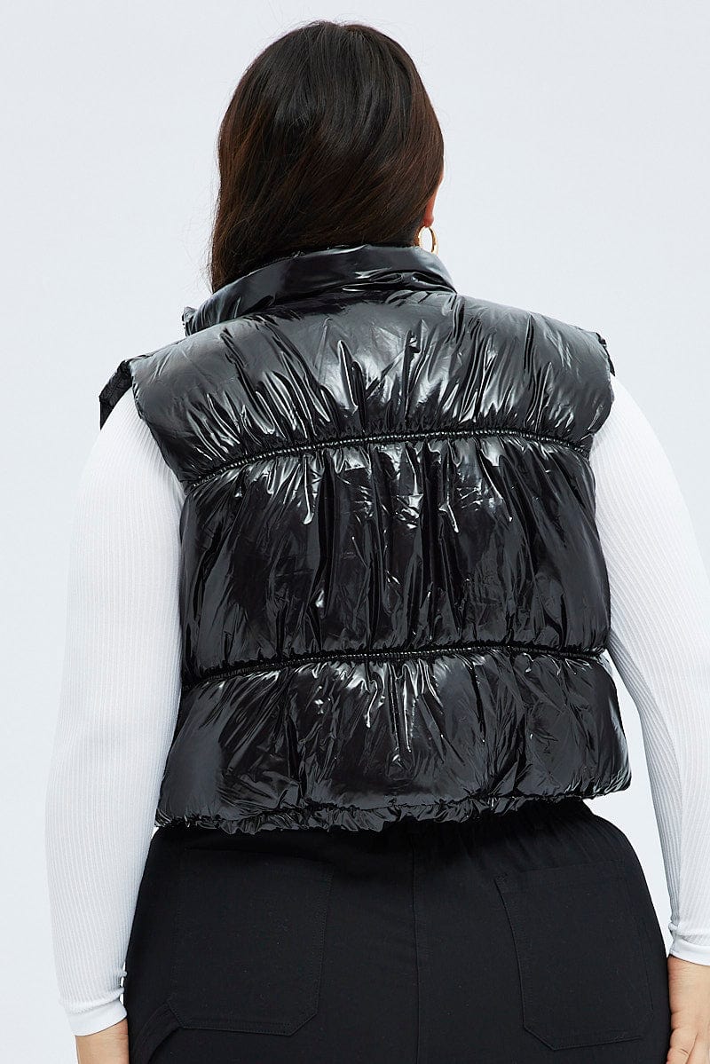 Black Puffer Vest Sleeveless Shiny Crop - Image 5
